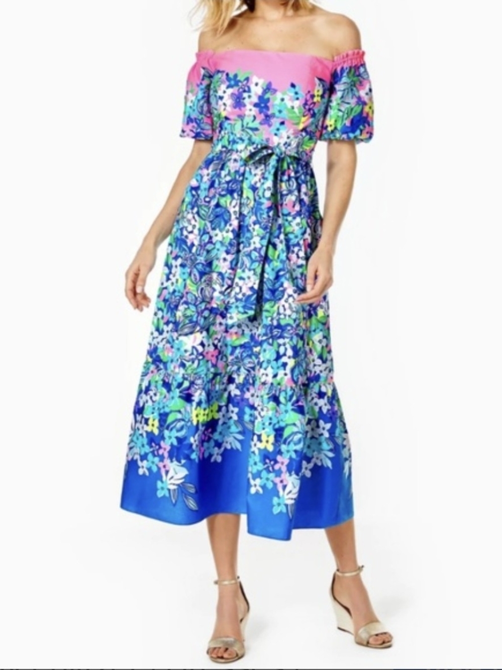 Lilly Pulitzer Zalie Off-The-Shoulder Midi Dress in the multicolor blue and pink